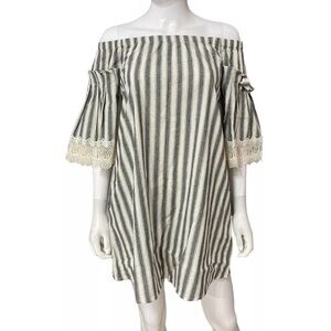 Umgee striped cotton off the shoulder mini dress pockets tunic top womens size S